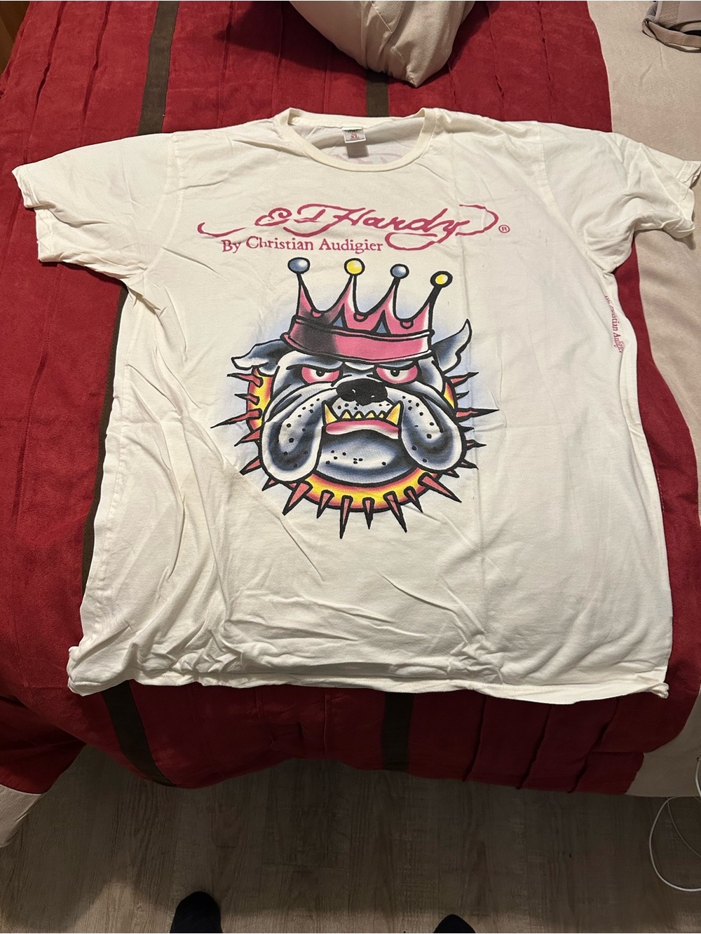 Ed Hardy White Tee with Pink and Yellow Bulldog Crown Graphic